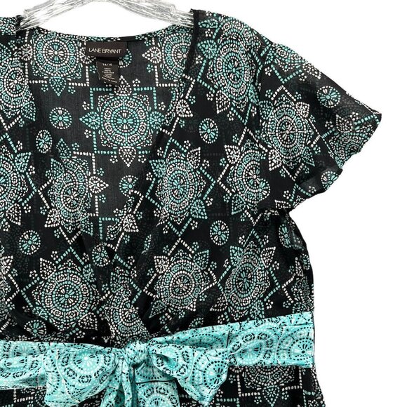 Lane Bryant Womens Plus Size 14/16 Black & Teal Belted Short Sleeve Top V Neck - Picture 6 of 11